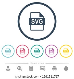 SVG file format flat color icons in round outlines. 6 bonus icons included.