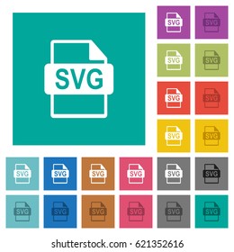SVG file format multi colored flat icons on plain square backgrounds. Included white and darker icon variations for hover or active effects. svg