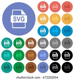 SVG file format multi colored flat icons on round backgrounds. Included white, light and dark icon variations for hover and active status effects, and bonus shades on black backgounds. svg