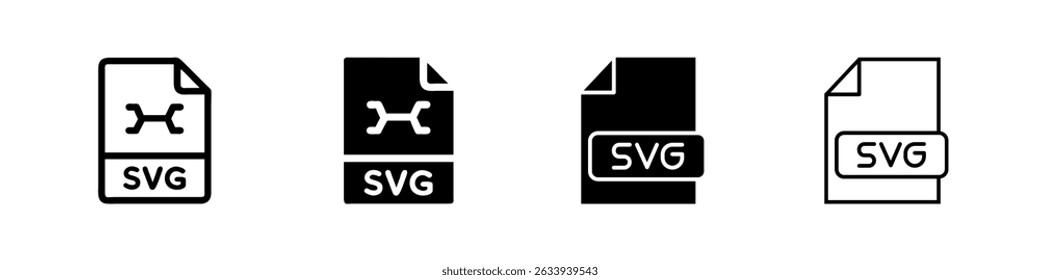 Coleção de Ícones de Arquivos SVG, um arquivo com um rótulo "SVG" nos estilos de estrutura de tópicos e de glifo. Representa gráficos vetoriais ou arquivos de design. Perfeito para software de design.