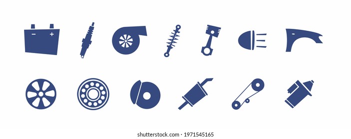 SVG set auto parts, car spare for car repair and service. Electrical, engine, auto body parts. Spark plug. Battery. Colorful flat isolated templates vector illustration for plotter and laser cutting.  svg