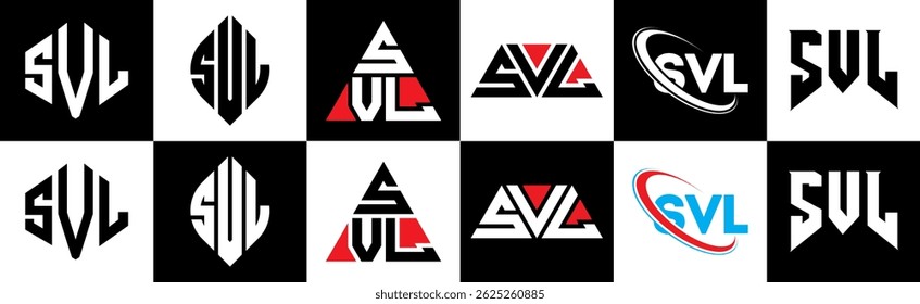 SVL letter logo design in six style. SVL polygon, circle, triangle, hexagon, flat and simple style with black and white color variation letter logo set in one artboard. SVL minimalist and classic logo