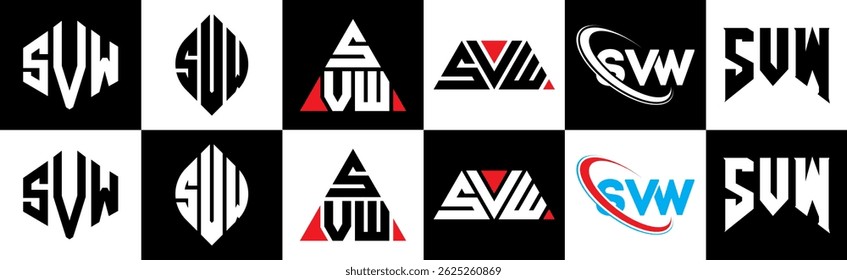 SVW letter logo design in six style. SVW polygon, circle, triangle, hexagon, flat and simple style with black and white color variation letter logo set in one artboard. SVW minimalist and classic logo