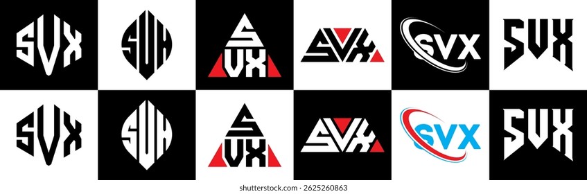SVX letter logo design in six style. SVX polygon, circle, triangle, hexagon, flat and simple style with black and white color variation letter logo set in one artboard. SVX minimalist and classic logo