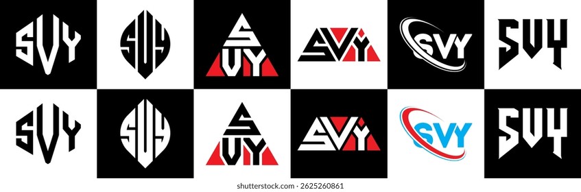 SVY letter logo design in six style. SVY polygon, circle, triangle, hexagon, flat and simple style with black and white color variation letter logo set in one artboard. SVY minimalist and classic logo