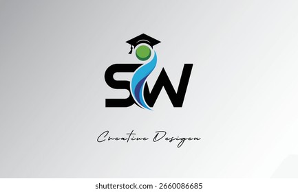 SW Creative Letter Logo with Graduation Cap and Abstract Human – Modern Education and Learning Symbol Design