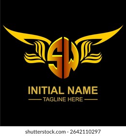 SW Golden Wing Emblem Logo with elegant gold wings, sleek and modern design. Ideal for branding, creative projects, luxury businesses, or artistic ventures.