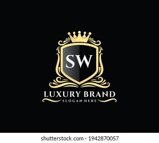 SW Initial Letter, Gold text with feminine floral hand drawn heraldic monogram, Antique vintage style luxury logo design.