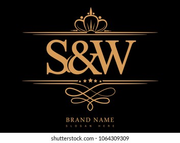 S&W Initial Logo, Ampersand Initial Logo Gold With Crown And Classic Pattern