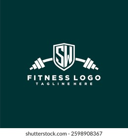 SW initial monogram for fitnes or gym logo with creative shield and barbell design