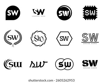 SW logo company template. Letter s and w logotype. Set different classic serif lettering and modern bold text with design elements. Initial font typography. Collection trendy business identity.