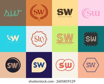 SW logo company template. Letter s and w logotype. Set different classic serif lettering and modern bold text with design elements. Initial font typography. Collection trendy business identity.
