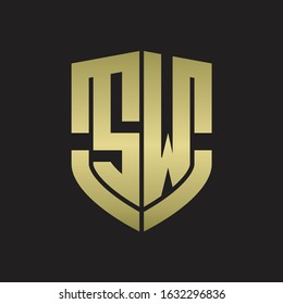 SW Logo monogram with emblem shield shape design isolated gold colors on black background