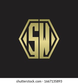 Monograma del logotipo SW con plantilla de diseño redondeado de línea hexagonal con colores dorados