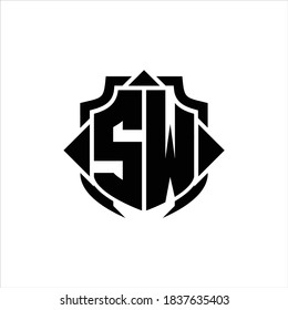 Monograma del logotipo SW con línea de protección y plantilla de diseño de 3 flechas sobre fondo blanco
