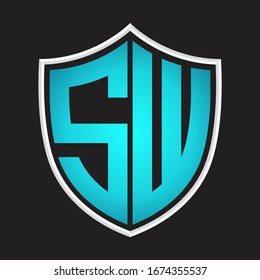 SW Logo monogram with shield shape isolated blue colors on outline design template