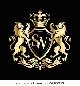 SW luxury monogram, royal monogram with golden crown.