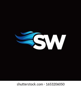 SW monogram logo with blue fire style design template