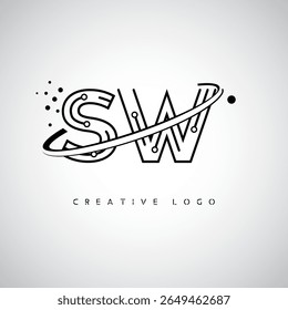 SW Orbit Monogram Logo – Futuristic Minimal Letter mark with Circular Line Art, Tech-Inspired Dots and Space Motion Concept for Modern Branding Identity