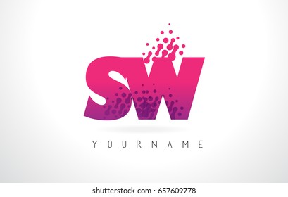 SW S W Letter Logo with Pink Letters and Purple Color Particles Dots Design.