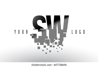 SW S W Pixel Letter Logo with Digital Shattered Black Squares. Creative Letters Vector Illustration.
