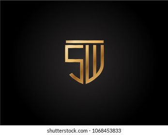 SW shield shape Letter Design in gold color