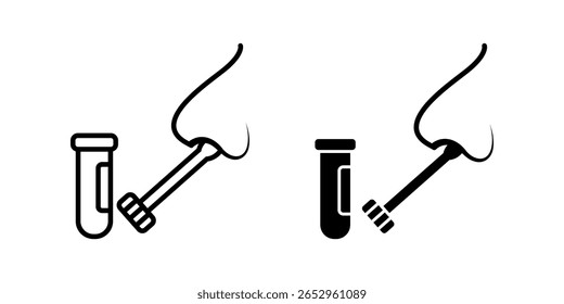 Swab icon set. A minimal style illustration of a nasal swab being performed, with both outline and solid versions included.
