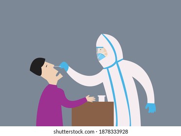 Swab test concept. A healthworker extracts specimen from a person for virus detection. Editable clip art.