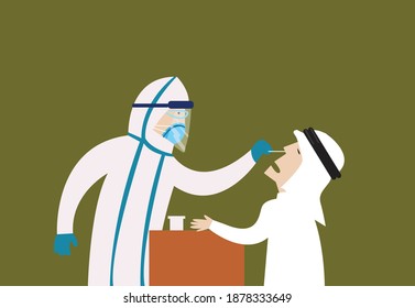 Swab test concept. A healthworker in PPE collects specimen from an Arab person. Editable clip art.