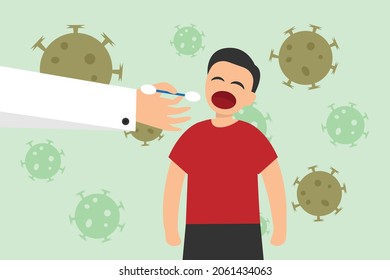 Swab test vector concept: Little boy doing swab test with cotton bud while opening mouth 