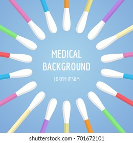 Swabs, ear sticks in flat style on blue background. Medical tools, hygiene objects.