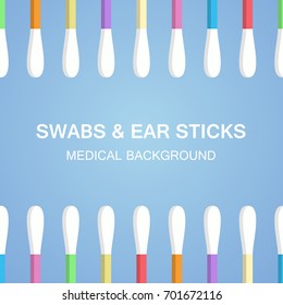 Swabs, ear sticks in flat style on blue background. Medical tools, hygiene objects.