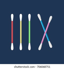 Swabs, ear sticks in flat style on blue background. Medical tools, hygiene objects.
