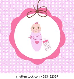 Swaddle baby girl greeting card with bottle
