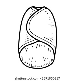 Swaddle cocoon for newborn. Hand drawn doodle. Cotton envelope for sleeping little baby. Childhood. Vector line art illustration.