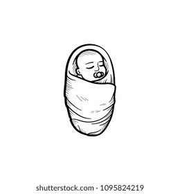 Swaddled baby infant hand drawn outline doodle icon. Newborn child with pacifier and swaddled hands vector sketch illustration for print, web, mobile and infographics isolated on white background.