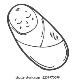 Swaddled baby infant hand drawn outline doodle icon. Newborn child with pacifier and swaddled hands vector sketch illustration for print, web, mobile and infographics isolated on white background.