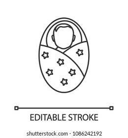 Swaddled baby linear icon. Thin line illustration. Newborn child. Contour symbol. Vector isolated outline drawing. Editable stroke