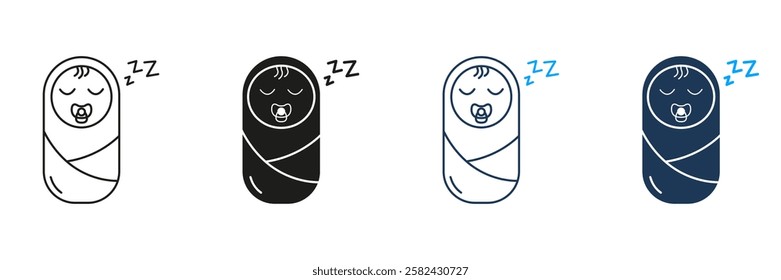 Swaddled Baby with Pacifier Sleeping Line and Silhouette Icon Set. Newborn Rest and Sleep Symbol. Peaceful Newborn with Pacifier. Bedtime Rest for Baby. Editable Stroke. Isolated Vector Illustration.