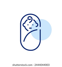 Swaddled infant in blanket. Newborn comfort, care and secure nurturing. Pixel perfect vector icon