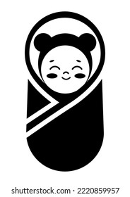 Swaddled new born happy  baby black icon. Newborn flat simple design silhouette element. Vector illustration for web and graphic design.