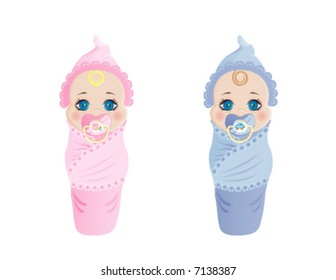 Swaddled newborn babies with pacifiers: boy and girl