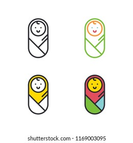 Swaddled newborn baby flat simple line icons set.