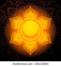 Swadhisthana chakra colorful glowing symbol with mandala background. Spiritual meditation element vector illustration. Sacral Chakra.