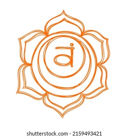 Swadhisthana chakra. Pencil drawing. Hand drawn vector art. Om sign. Orange circle. Sacral icon. Meditation