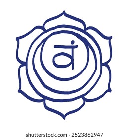 Swadhisthana icon. The second sacral chakra. Vector meditation sign. Hand drawn sketch. Blue pen or marker drawing. 