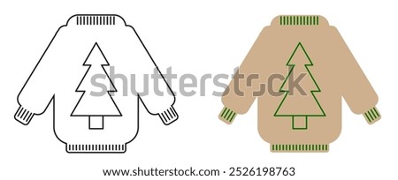 Swaetr with fir (spruce) print in two versions (variants): linear (outline) and colored. Fashion. Lifestyle. Object. Clothes. Vector illustration.