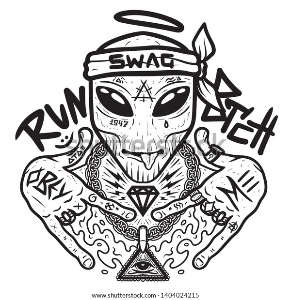 Swag alien - black print for t shirt with\
slogan. Tee graphics with slogan. Rapper alien. Alien gangster in\
bandana shows symbols his fingers. Cool party art, gangsta\
character.  Vector\
illustration