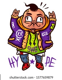 Swag baby hype print for tshirt and tee. Tee graphics, tshirt design. Little baby in fashionable clothes. Vector сolorful illustration. Element of outdoor advertising, poster, sticker. 