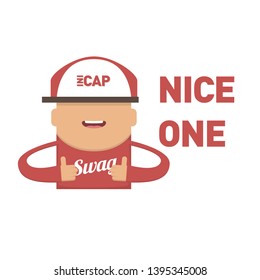 Swag boy with red clothes, hat and shoes give two thumbs and saying nice one